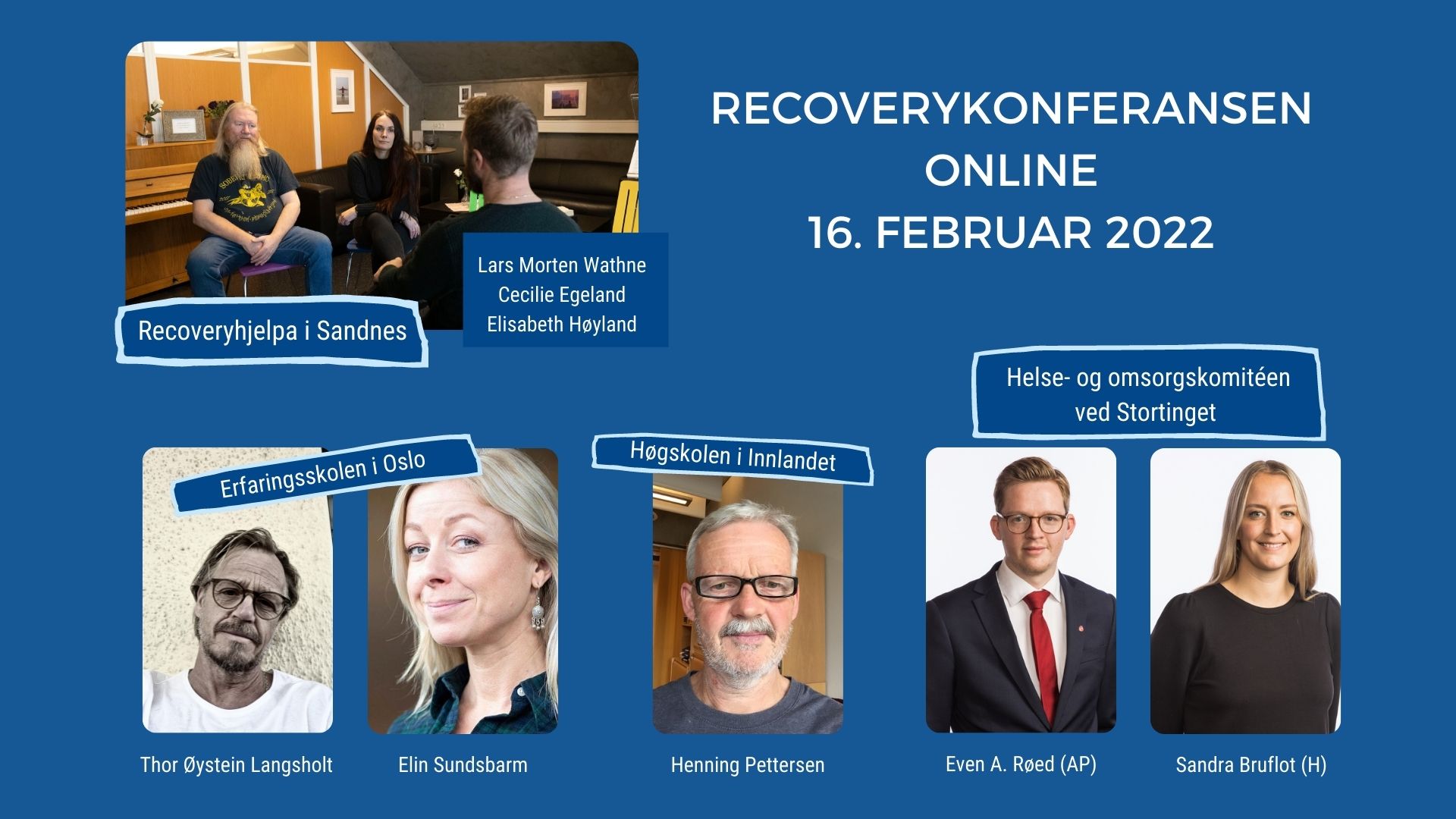 Plakat med tekst og bilder over de som skal holde innlegg på recoverykonferansen online