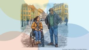 Ilustrasjon: Tegning av en kvinne i rullestol og en mann med solbriller. De står på et torg i en Skandinavisk by.